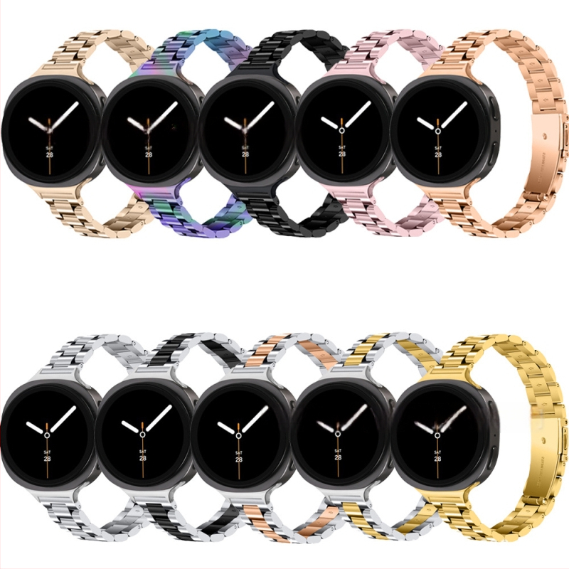 Brățară metalică compatibilă cu Samsung Watch 8, cataramă tip arc cu trei mărgele, oțel inoxidabil, închidere cu buton, stil modern