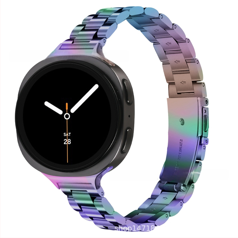 Brățară metalică compatibilă cu Samsung Watch 8, cataramă tip arc cu trei mărgele, oțel inoxidabil, închidere cu buton, stil modern