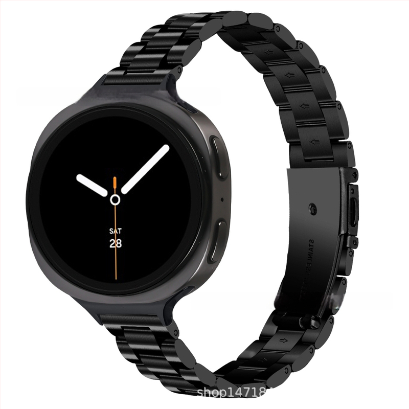 Brățară metalică compatibilă cu Samsung Watch 8, cataramă tip arc cu trei mărgele, oțel inoxidabil, închidere cu buton, stil modern