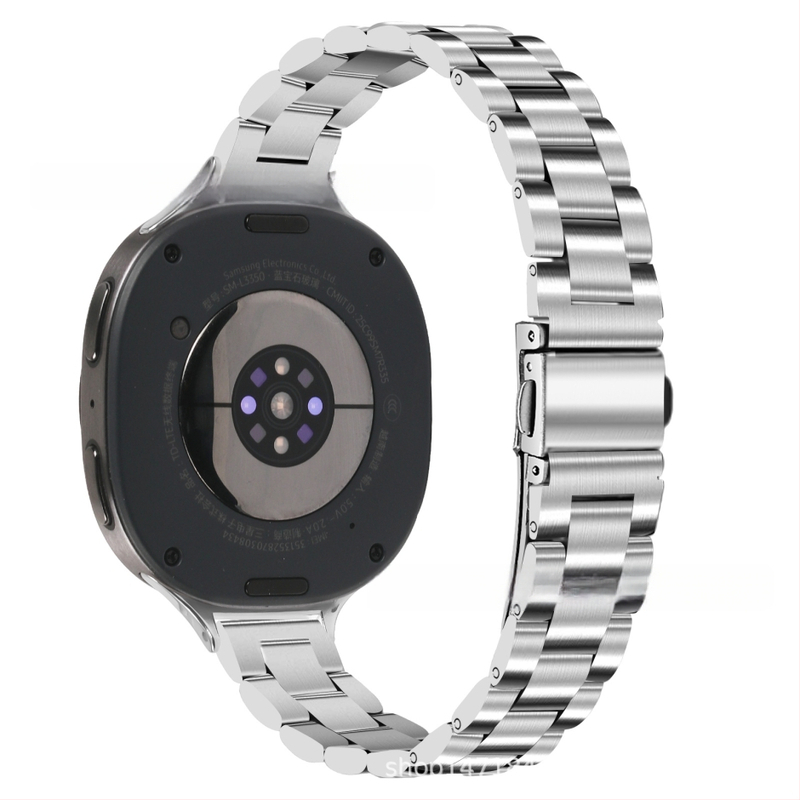 Brățară metalică compatibilă cu Samsung Watch 8, cataramă tip arc cu trei mărgele, oțel inoxidabil, închidere cu buton, stil modern