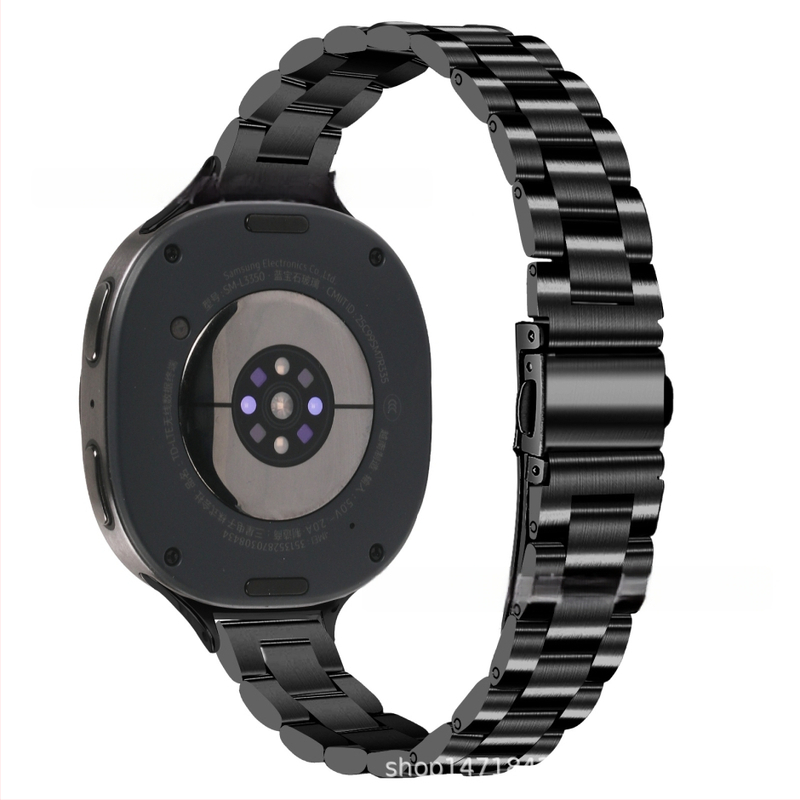 Brățară metalică compatibilă cu Samsung Watch 8, cataramă tip arc cu trei mărgele, oțel inoxidabil, închidere cu buton, stil modern