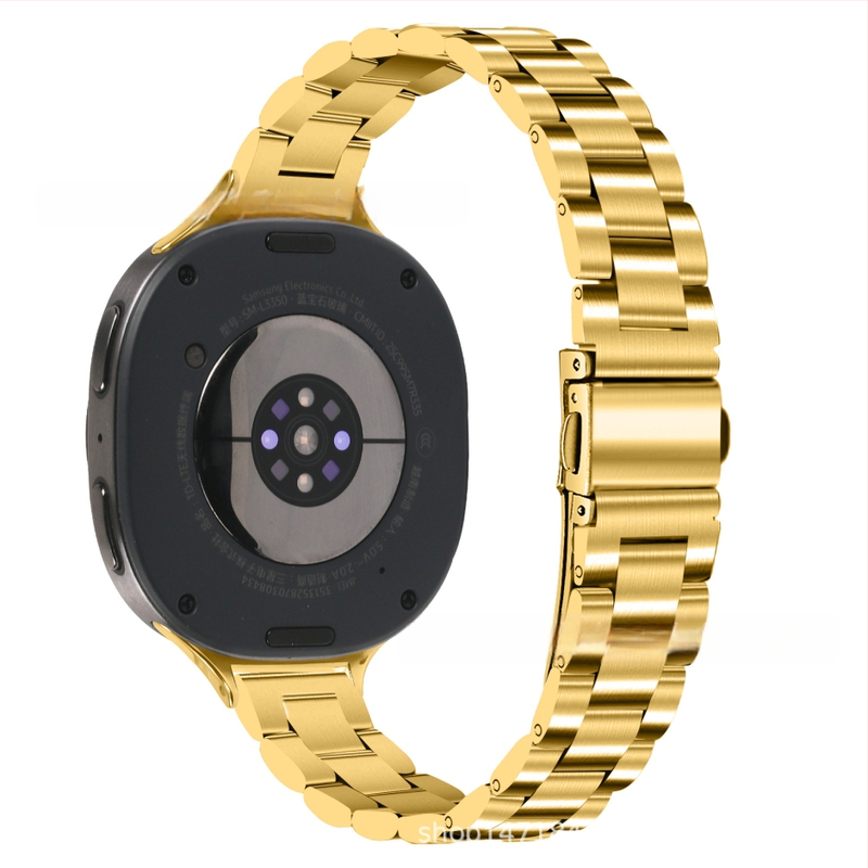 Brățară metalică compatibilă cu Samsung Watch 8, cataramă tip arc cu trei mărgele, oțel inoxidabil, închidere cu buton, stil modern