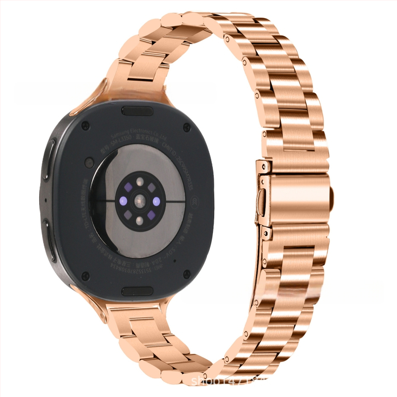 Brățară metalică compatibilă cu Samsung Watch 8, cataramă tip arc cu trei mărgele, oțel inoxidabil, închidere cu buton, stil modern