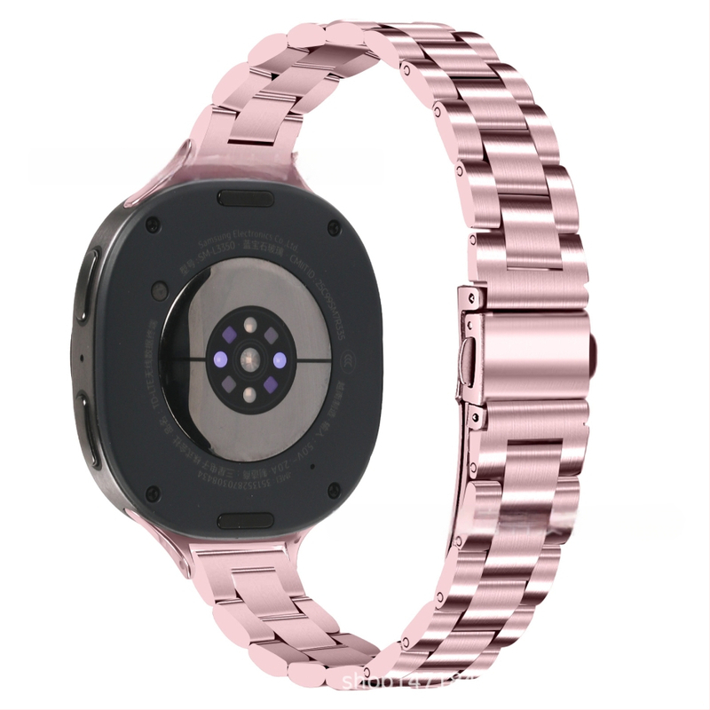 Brățară metalică compatibilă cu Samsung Watch 8, cataramă tip arc cu trei mărgele, oțel inoxidabil, închidere cu buton, stil modern