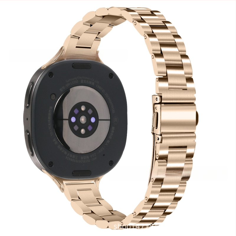 Brățară metalică compatibilă cu Samsung Watch 8, cataramă tip arc cu trei mărgele, oțel inoxidabil, închidere cu buton, stil modern