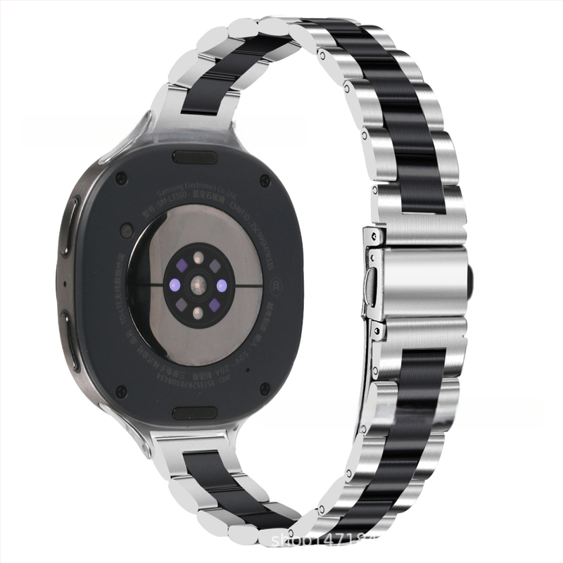 Brățară metalică compatibilă cu Samsung Watch 8, cataramă tip arc cu trei mărgele, oțel inoxidabil, închidere cu buton, stil modern