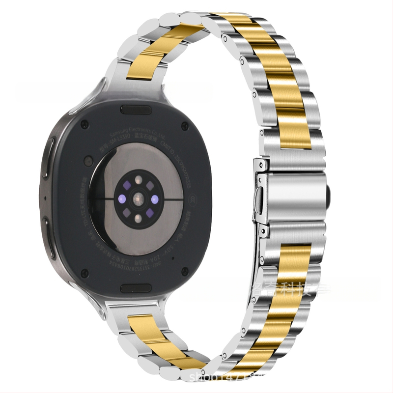 Brățară metalică compatibilă cu Samsung Watch 8, cataramă tip arc cu trei mărgele, oțel inoxidabil, închidere cu buton, stil modern