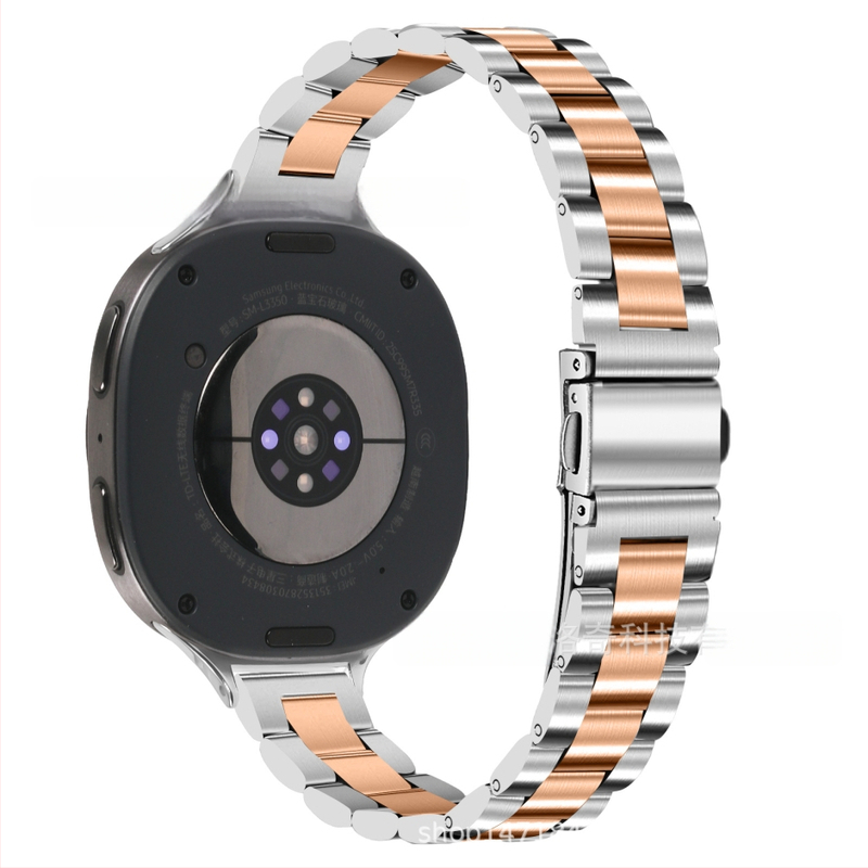 Brățară metalică compatibilă cu Samsung Watch 8, cataramă tip arc cu trei mărgele, oțel inoxidabil, închidere cu buton, stil modern