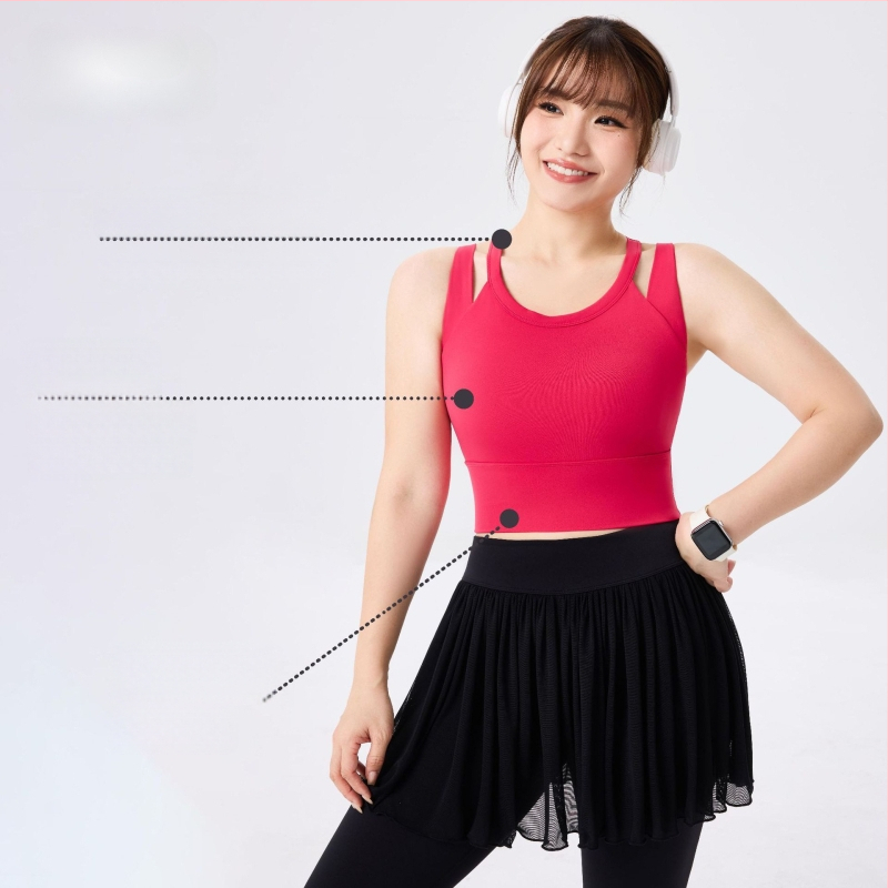 Joga krūšturis ar fiksētām kupām, glīts muguras dizains, cieša piegulšana; Materiāls: Nīlons 79% + Spandeks 21%; Audums: ķīmisko šķiedru maisījums; Garums: 40.5–41.7 cm