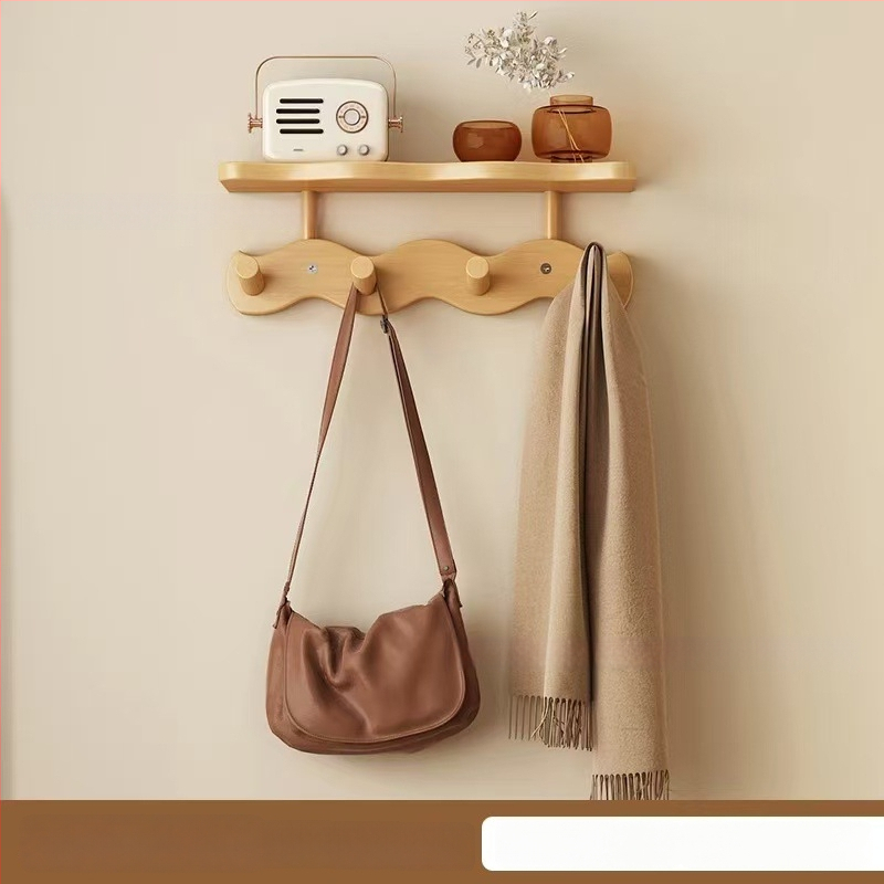 Koka sienas uzglabāšanas plaukts ar āķiem (Materiāls: Koks; Montāža: Sienas piestiprināšana; Stils: Mūsdienīgs minimalistisks; Slāņu skaits: 1)