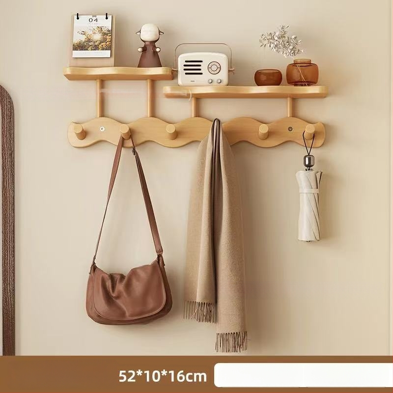 Koka sienas uzglabāšanas plaukts ar āķiem (Materiāls: Koks; Montāža: Sienas piestiprināšana; Stils: Mūsdienīgs minimalistisks; Slāņu skaits: 1)