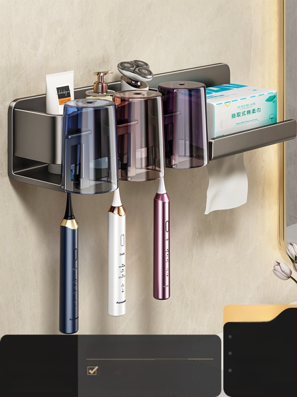 Metāla zobu birstes turētājs, sienas stiprinājums bez urbšanas, ar integrētu uzglabāšanas nodalījumu, skalošanas krūzei un papīra salvetes turētājs