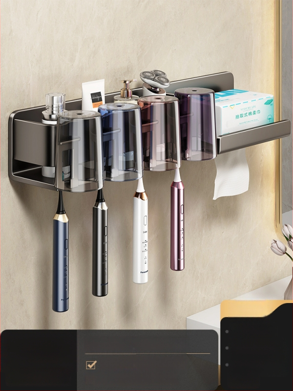 Metāla zobu birstes turētājs, sienas stiprinājums bez urbšanas, ar integrētu uzglabāšanas nodalījumu, skalošanas krūzei un papīra salvetes turētājs