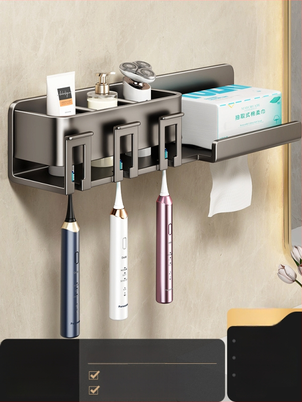 Metāla zobu birstes turētājs, sienas stiprinājums bez urbšanas, ar integrētu uzglabāšanas nodalījumu, skalošanas krūzei un papīra salvetes turētājs