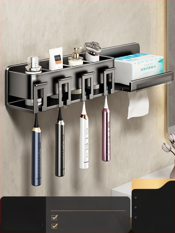 Metāla zobu birstes turētājs, sienas stiprinājums bez urbšanas, ar integrētu uzglabāšanas nodalījumu, skalošanas krūzei un papīra salvetes turētājs