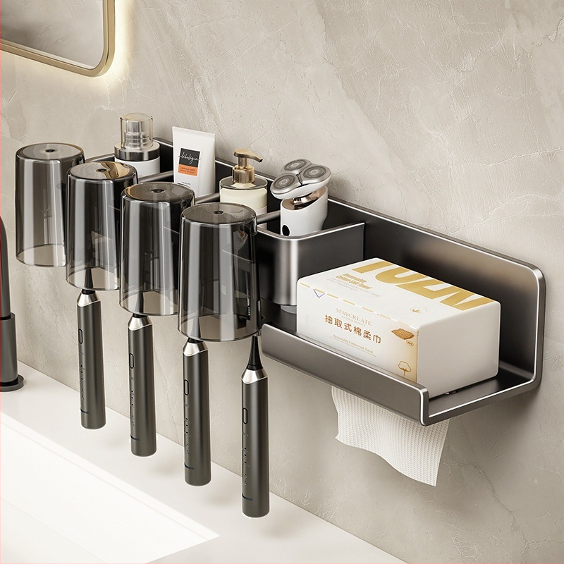 Metāla zobu birstes turētājs, sienas stiprinājums bez urbšanas, ar integrētu uzglabāšanas nodalījumu, skalošanas krūzei un papīra salvetes turētājs