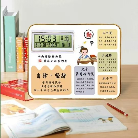 Modinātājs ar fotogrāfiju rāmi un displeja statīvu, foto tablo, termometrs, kalendārs, Mēness fāze, nedēļas diena