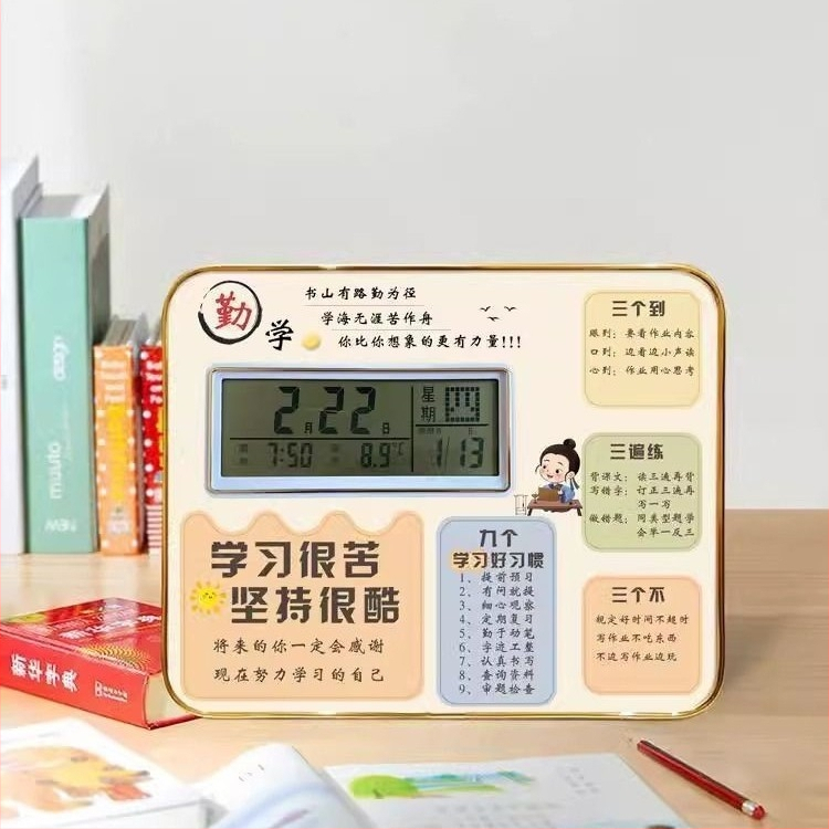 Modinātājs ar fotogrāfiju rāmi un displeja statīvu, foto tablo, termometrs, kalendārs, Mēness fāze, nedēļas diena