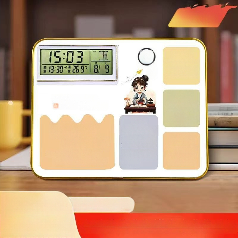 Modinātājs ar fotogrāfiju rāmi un displeja statīvu, foto tablo, termometrs, kalendārs, Mēness fāze, nedēļas diena