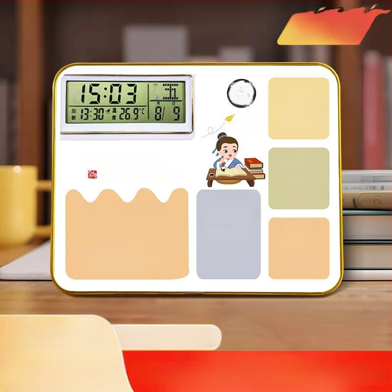 Modinātājs ar fotogrāfiju rāmi un displeja statīvu, foto tablo, termometrs, kalendārs, Mēness fāze, nedēļas diena