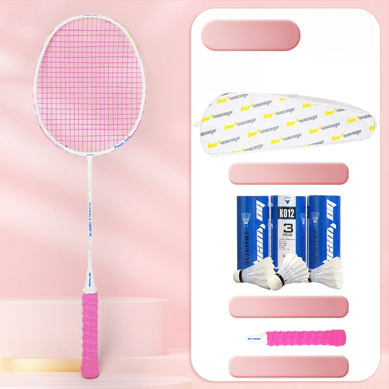 Badmintona rakete ar oglekļa šķiedras rāmi, neilona kordes, 4U/5U ultralight uzbrukuma modelis, svars 80-84 g, logotips drukāts