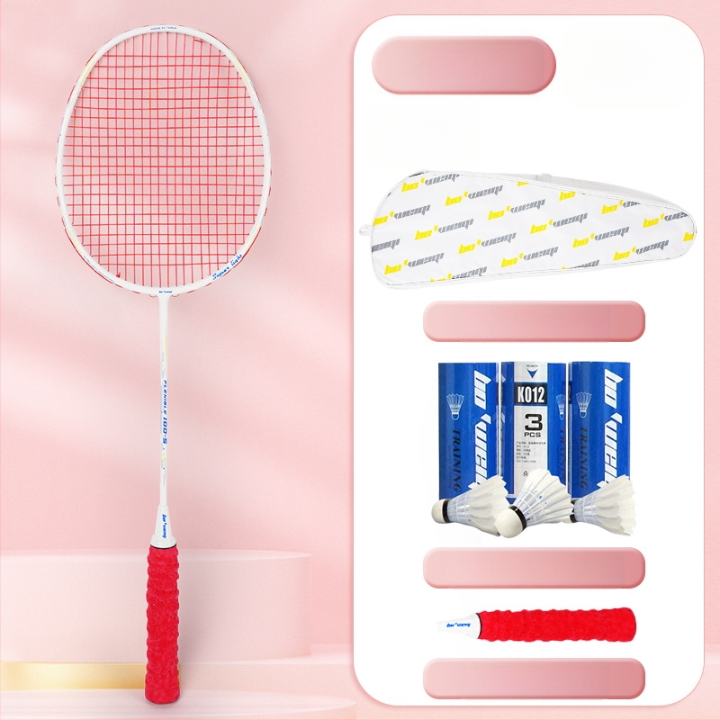 Badmintona rakete ar oglekļa šķiedras rāmi, neilona kordes, 4U/5U ultralight uzbrukuma modelis, svars 80-84 g, logotips drukāts