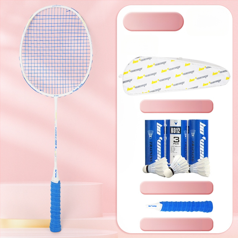 Badmintona rakete ar oglekļa šķiedras rāmi, neilona kordes, 4U/5U ultralight uzbrukuma modelis, svars 80-84 g, logotips drukāts