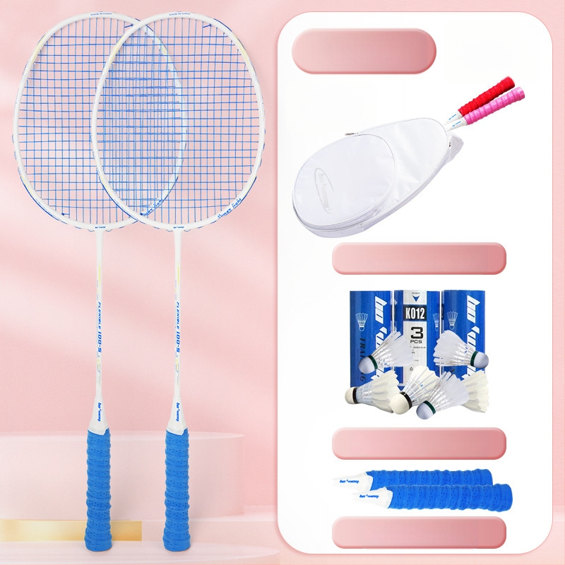 Badmintona rakete ar oglekļa šķiedras rāmi, neilona kordes, 4U/5U ultralight uzbrukuma modelis, svars 80-84 g, logotips drukāts