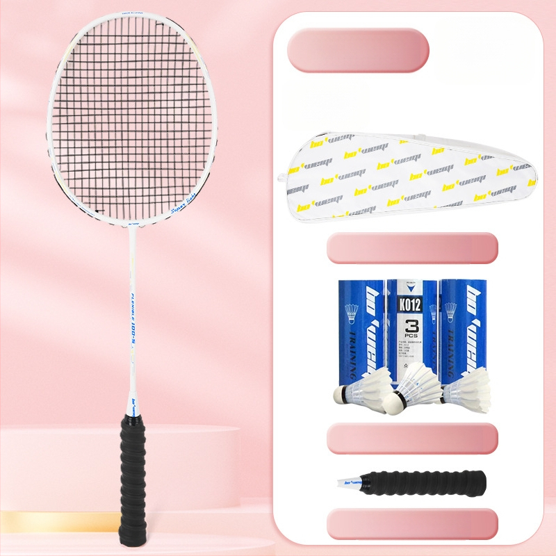 Badmintona rakete ar oglekļa šķiedras rāmi, neilona kordes, 4U/5U ultralight uzbrukuma modelis, svars 80-84 g, logotips drukāts