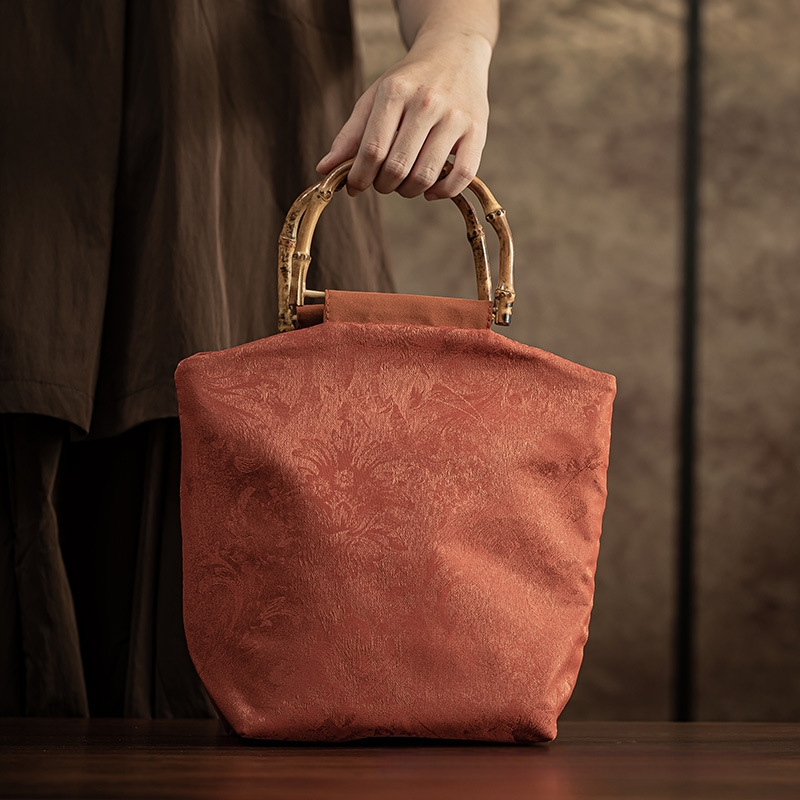 Jacquard szövésű hímzett női táska, kínai stílus, nagy kapacitás, bambusz fogantyú, logó nyomtatás, testre szabható