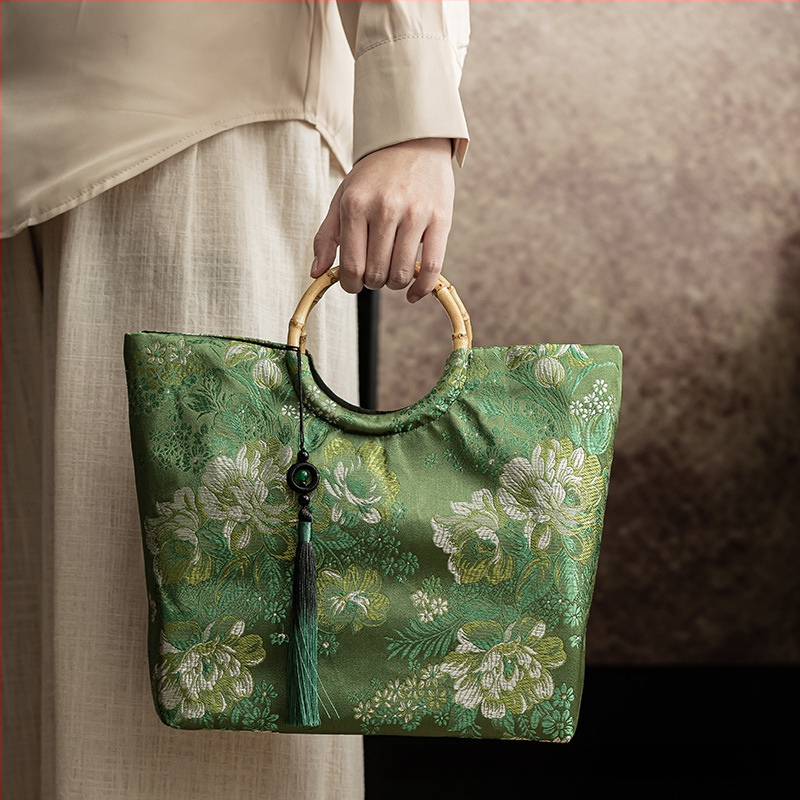 Jacquard szövésű hímzett női táska, kínai stílus, nagy kapacitás, bambusz fogantyú, logó nyomtatás, testre szabható