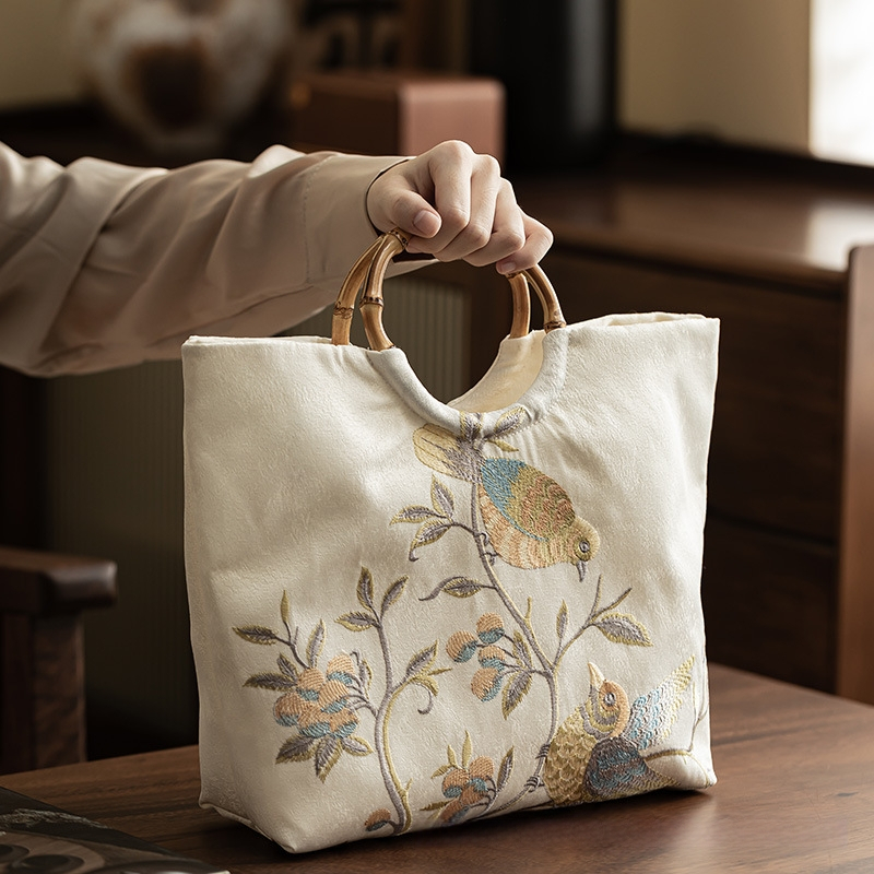 Jacquard szövésű hímzett női táska, kínai stílus, nagy kapacitás, bambusz fogantyú, logó nyomtatás, testre szabható