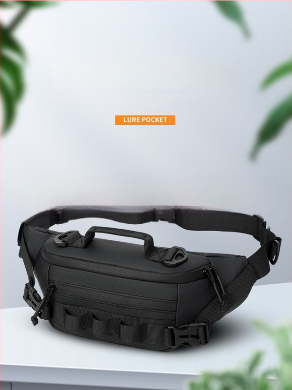 Jostas soma makšķerēšanai, ūdensizturīga, daudzfunkcionāla ar nodalījumiem ēsmām, makšķerēšanas līnijai un ekipējumam — materiāls: neilons