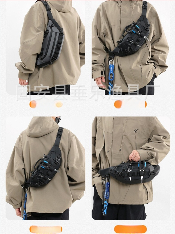 Jostas soma makšķerēšanai, ūdensizturīga, daudzfunkcionāla ar nodalījumiem ēsmām, makšķerēšanas līnijai un ekipējumam — materiāls: neilons