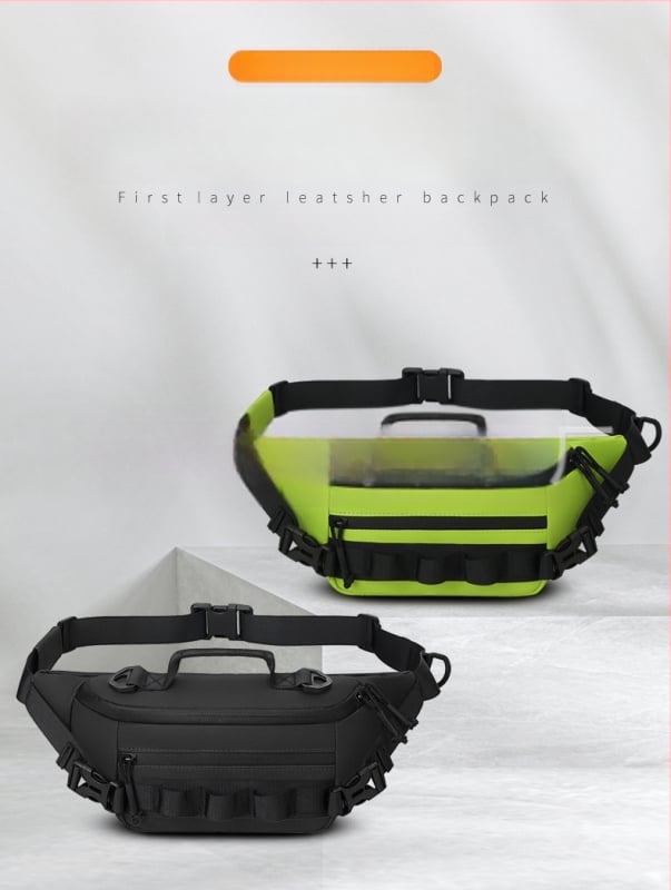 Jostas soma makšķerēšanai, ūdensizturīga, daudzfunkcionāla ar nodalījumiem ēsmām, makšķerēšanas līnijai un ekipējumam — materiāls: neilons