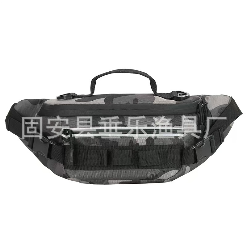 Jostas soma makšķerēšanai, ūdensizturīga, daudzfunkcionāla ar nodalījumiem ēsmām, makšķerēšanas līnijai un ekipējumam — materiāls: neilons