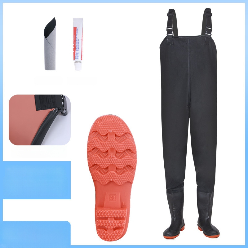 Unisex vandeniui atsparus žvejybos kombinezonos su lietaus kelnėmis ir vandens bateliais — atsparus dilimui, anti‑statinis, atsparus rūgštims ir šarmams, PVC audinys