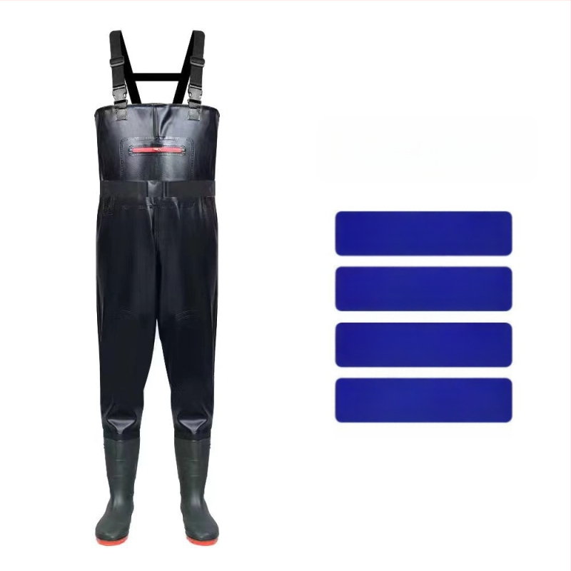 Unisex vandeniui atsparus žvejybos kombinezonos su lietaus kelnėmis ir vandens bateliais — atsparus dilimui, anti‑statinis, atsparus rūgštims ir šarmams, PVC audinys