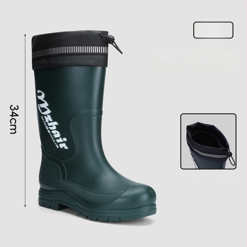 Vīriešu lietus zābaki, pretslīdēšana, ūdensdroši, ar augstu augšdaļu, iekšējā odere no mākslīgā kažokādas, EVA zole