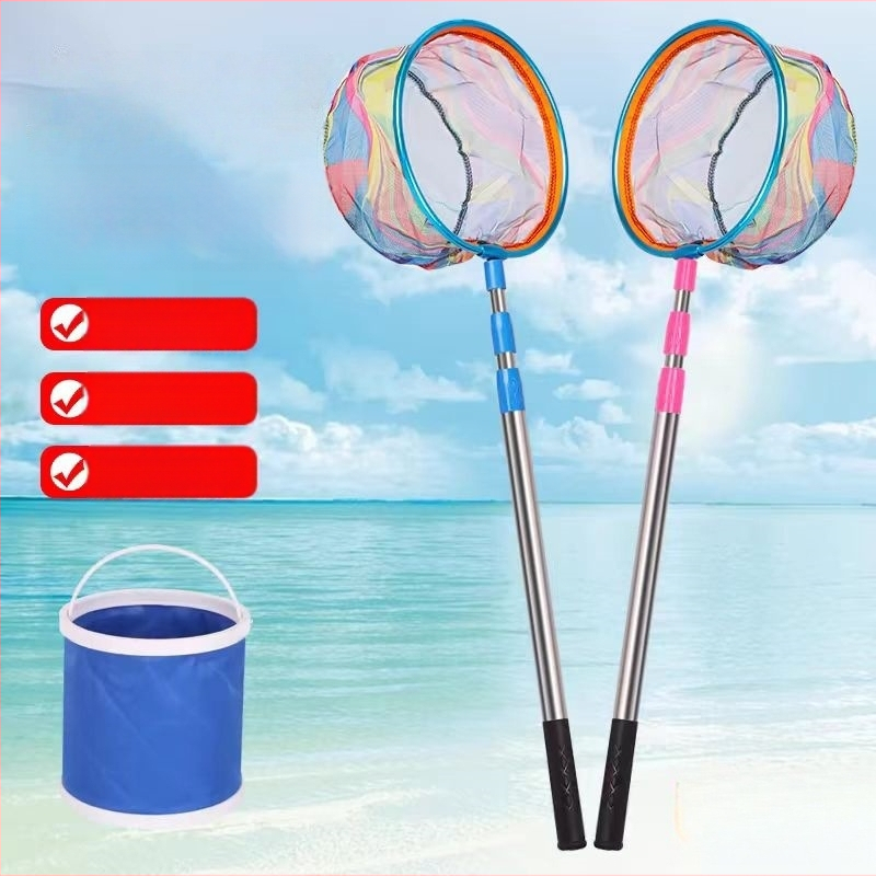 Bērnu teleskopiskais zvejas tīkls ar kātu, nerūsējošā tērauda, tīkla diametrs 25 cm, tīkla dziļums 22 cm, smalks režģis, portatīvs komplekts ar tīkla somu