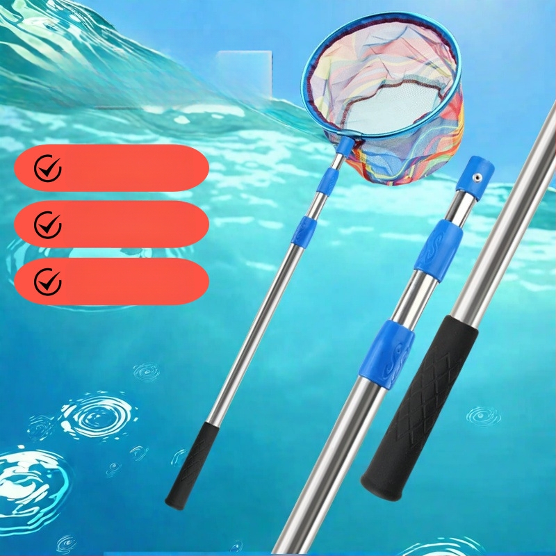 Bērnu teleskopiskais zvejas tīkls ar kātu, nerūsējošā tērauda, tīkla diametrs 25 cm, tīkla dziļums 22 cm, smalks režģis, portatīvs komplekts ar tīkla somu
