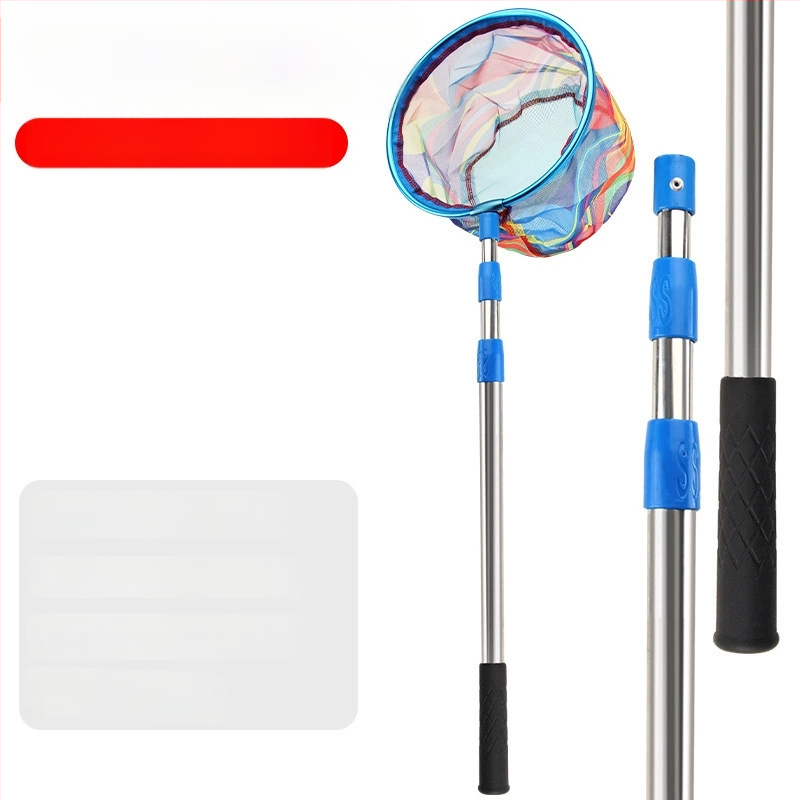 Bērnu teleskopiskais zvejas tīkls ar kātu, nerūsējošā tērauda, tīkla diametrs 25 cm, tīkla dziļums 22 cm, smalks režģis, portatīvs komplekts ar tīkla somu