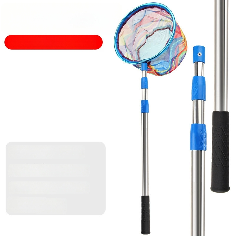 Bērnu teleskopiskais zvejas tīkls ar kātu, nerūsējošā tērauda, tīkla diametrs 25 cm, tīkla dziļums 22 cm, smalks režģis, portatīvs komplekts ar tīkla somu