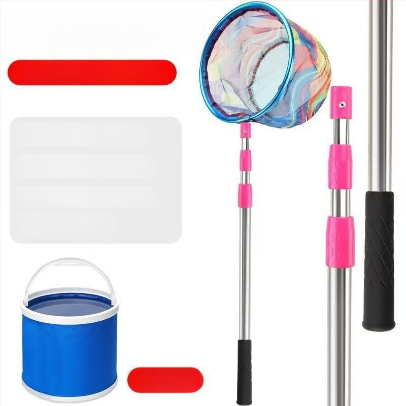 Bērnu teleskopiskais zvejas tīkls ar kātu, nerūsējošā tērauda, tīkla diametrs 25 cm, tīkla dziļums 22 cm, smalks režģis, portatīvs komplekts ar tīkla somu