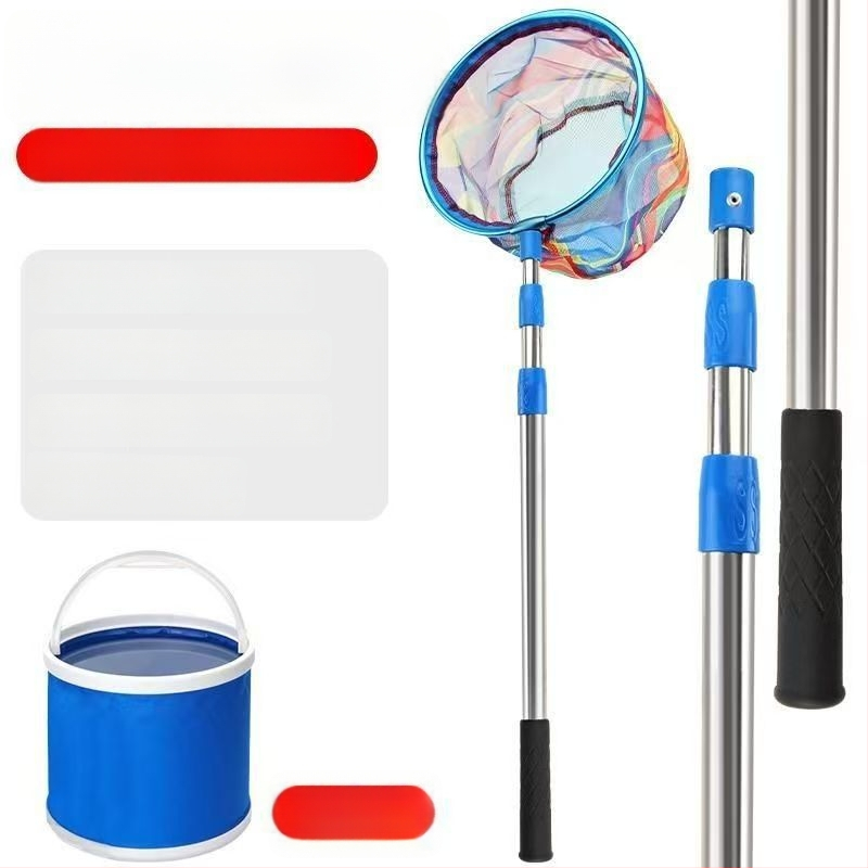 Bērnu teleskopiskais zvejas tīkls ar kātu, nerūsējošā tērauda, tīkla diametrs 25 cm, tīkla dziļums 22 cm, smalks režģis, portatīvs komplekts ar tīkla somu