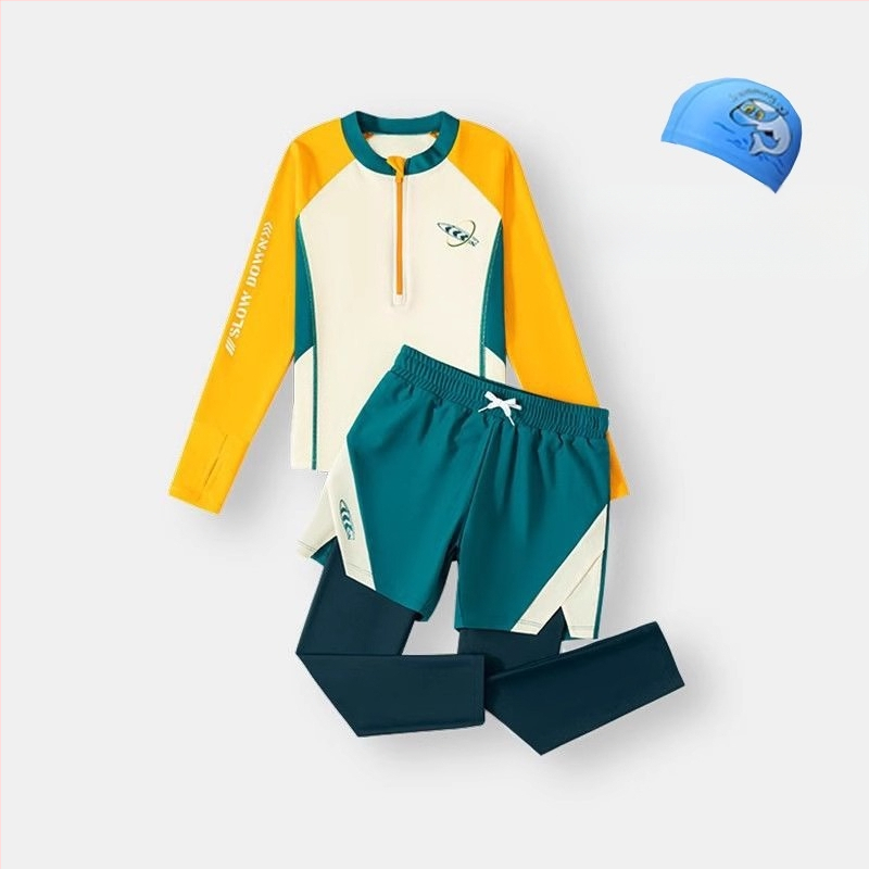 Berniukų dviejų dalių plaukimo komplektas su ilgomis rankovėmis ir ilgomis kelnių, saulės apsauga — poliesterio audinys 85%, poliesterio pamušalas 85%, svoris 150–300 g/m², plaukimui