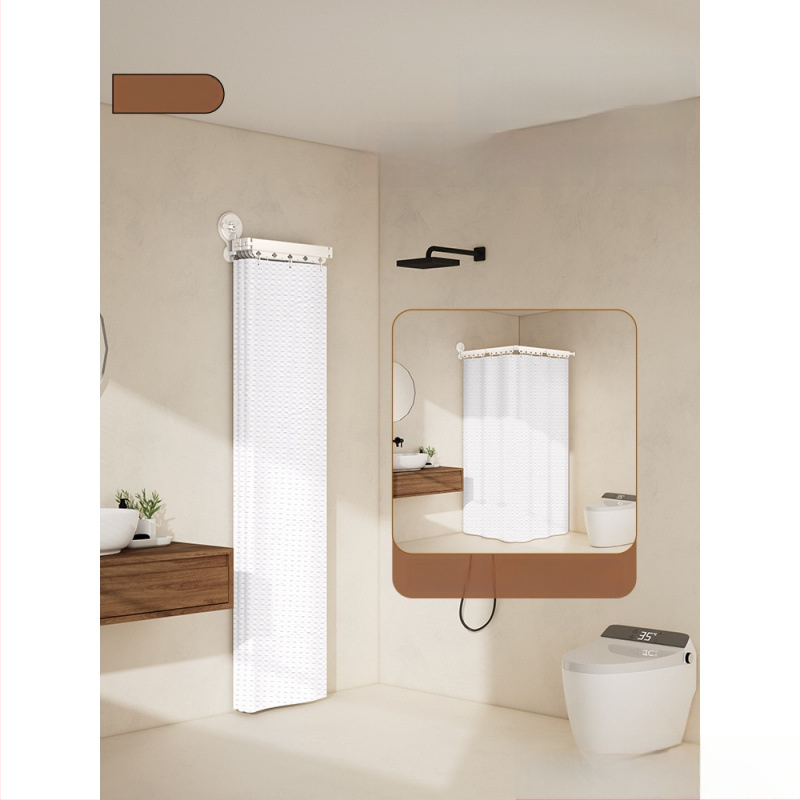 Dušas aizkars ar piesūcekņu stiprinājumiem, saliekams, bez urbumiem, ūdensizturīgs, sausā–mitrā dalīšana – kokvilna un lina, skandināvu stils