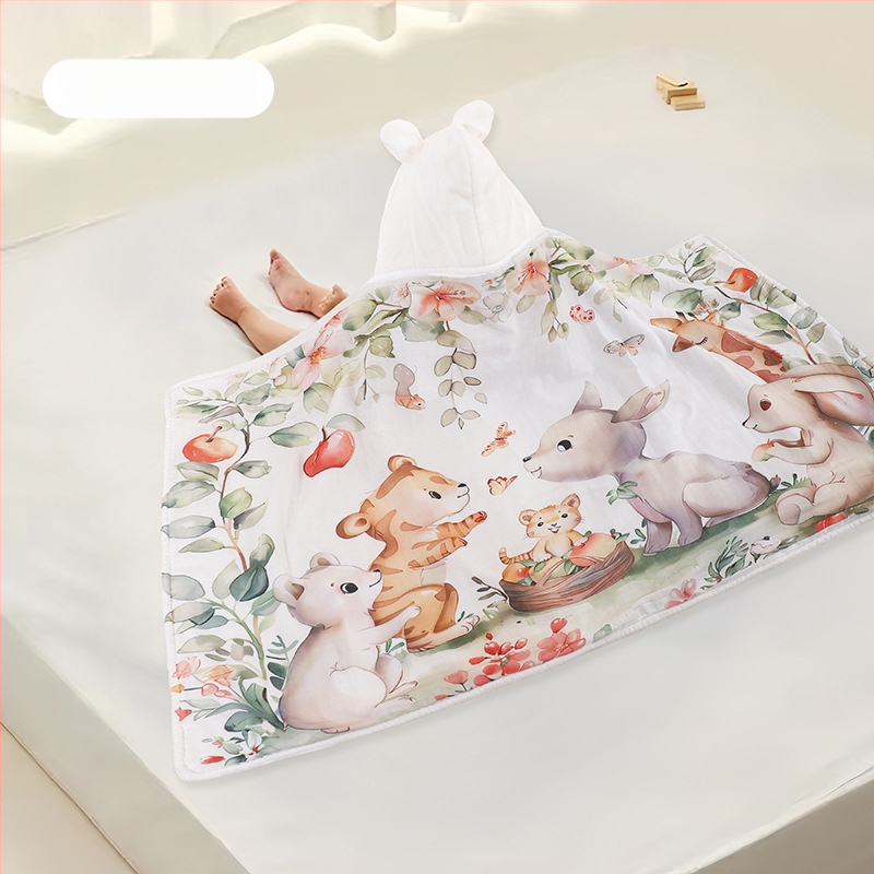 Koralinio fliso kūdikių vonios rankšluostis su gobtuvu, sugeria ir greitai džiūsta, 500–800 g, visiems sezonams, animacinio stiliaus