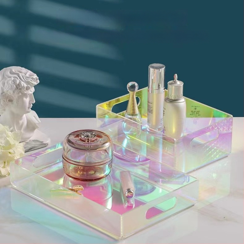 taisnstūra akrila trauks augļiem, tējai un kosmētikai uzglabāšanai — gaišā luksusa stila, pielāgota apstrāde