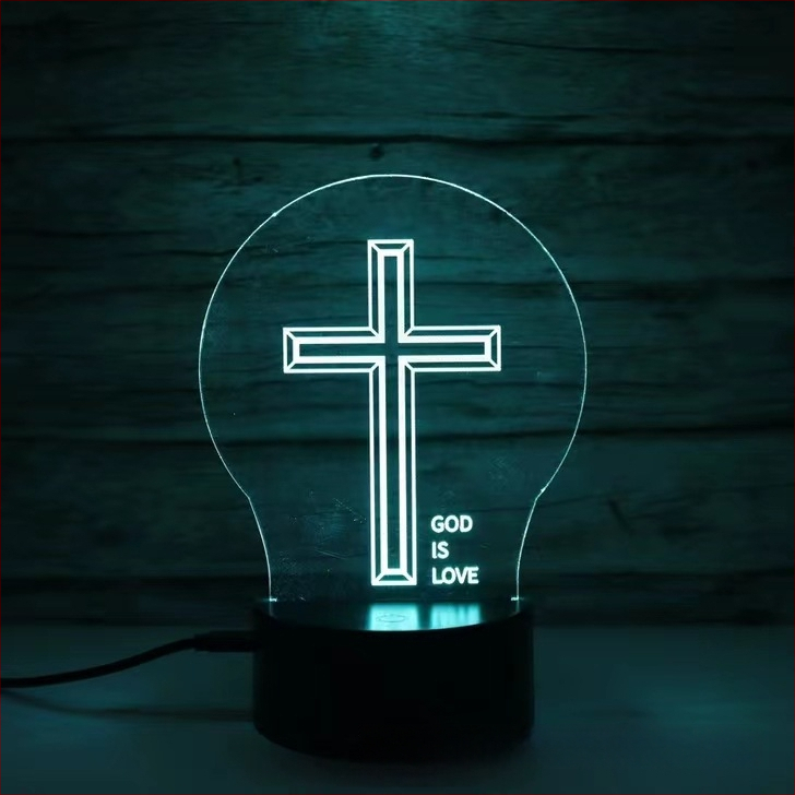 3D kryžiaus formos naktinė lemputė su LED, akrilo gaubtas, maitinimas įkišant į kištuką arba baterijomis, prisilietimo valdymas